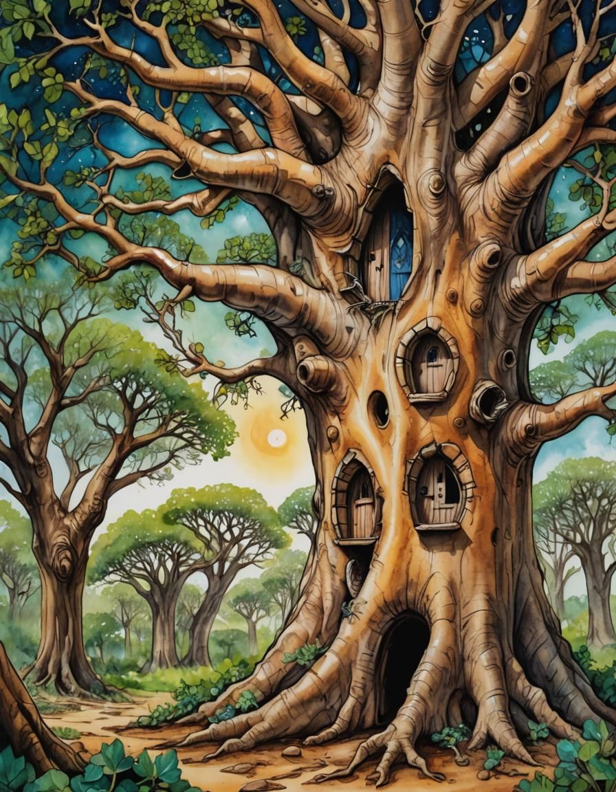 Fairycore Elf House in Baobab Tree Illustration