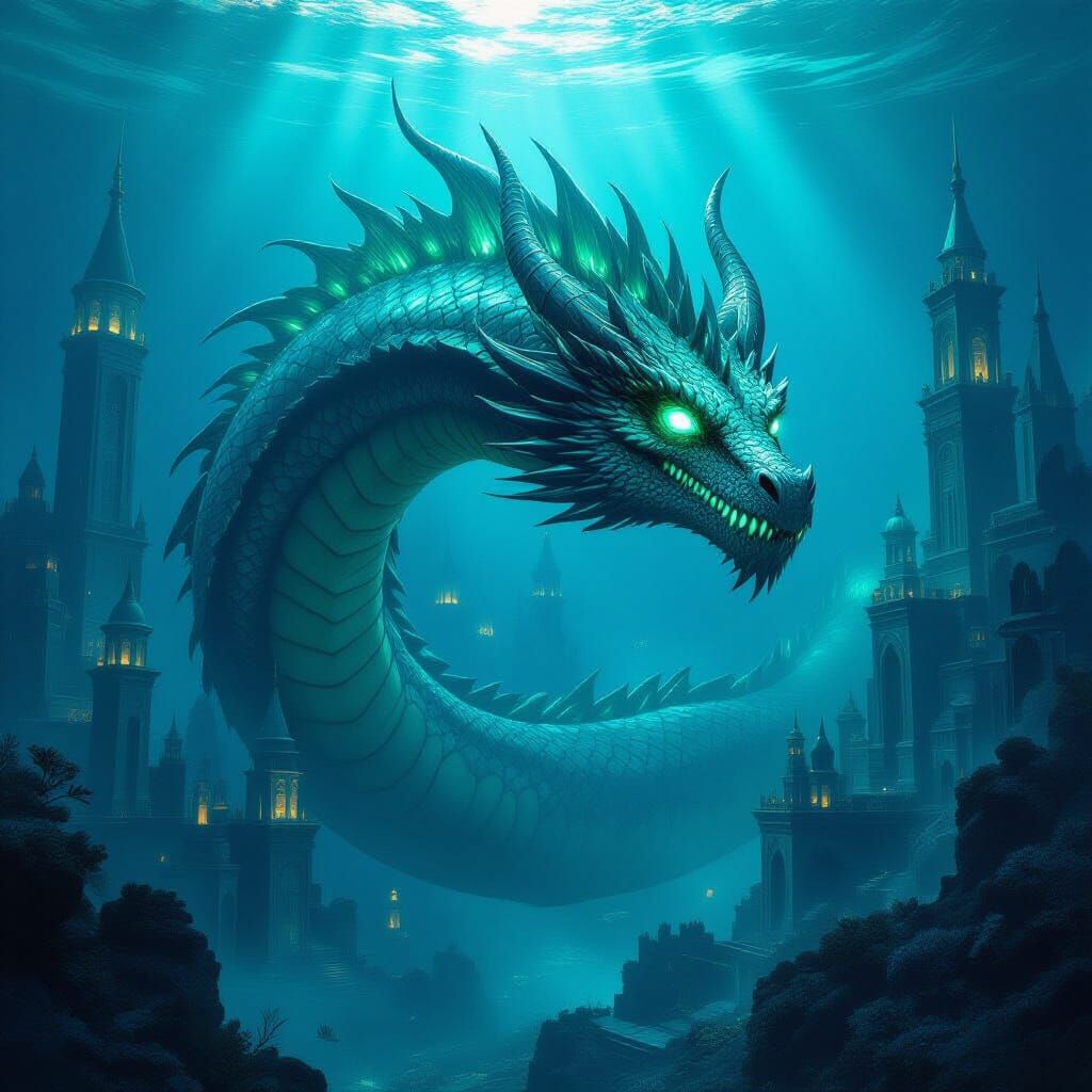 Bioluminescent Sea Dragon Coiled Around Underwater City