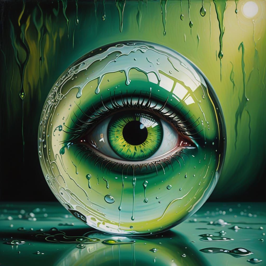 Ethereal Dreamscapes in Oil: A Glowing Green Eye