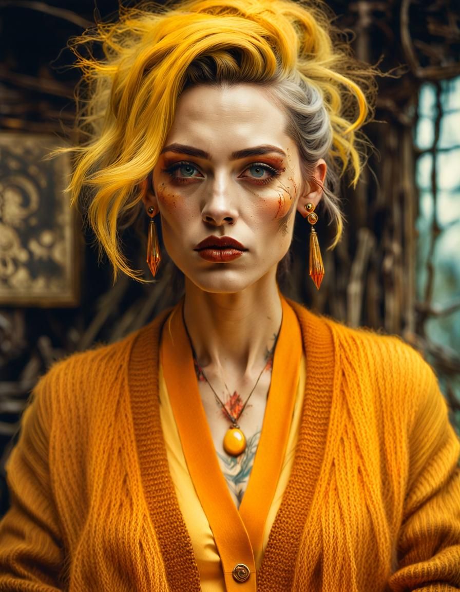 Hyperrealistic Portrait: Androgynous Figure in Yellow Cardig...