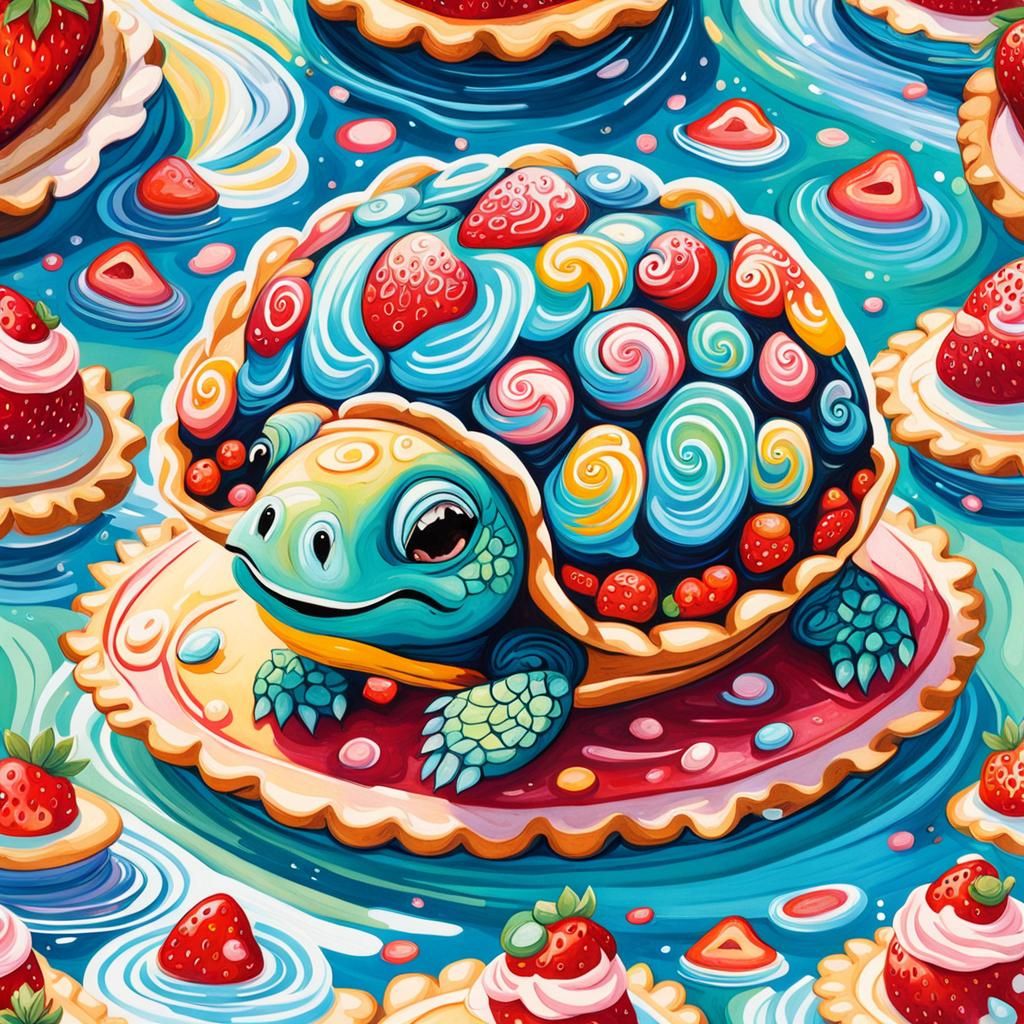Pastry Turtle in Strawberry Pond: Gouache Painting