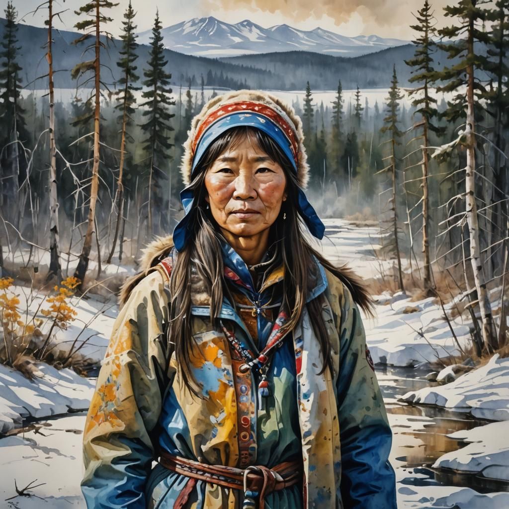 Oil Painting  Portrait of a Buryats woman living in taiga