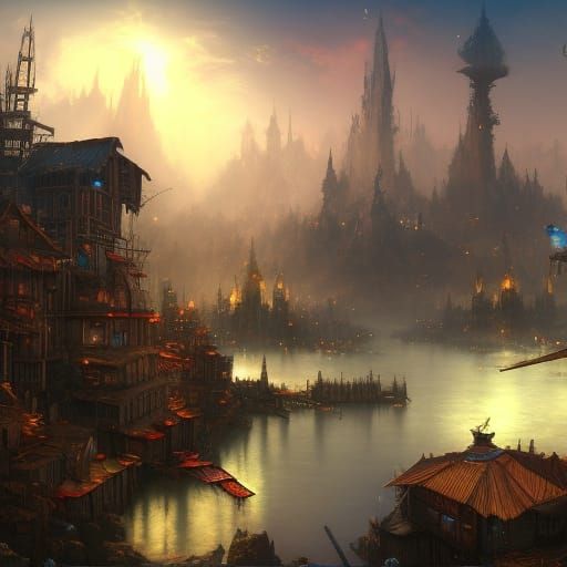 Fantasy Shantytown on Stilts in Detailed Matte Painting
