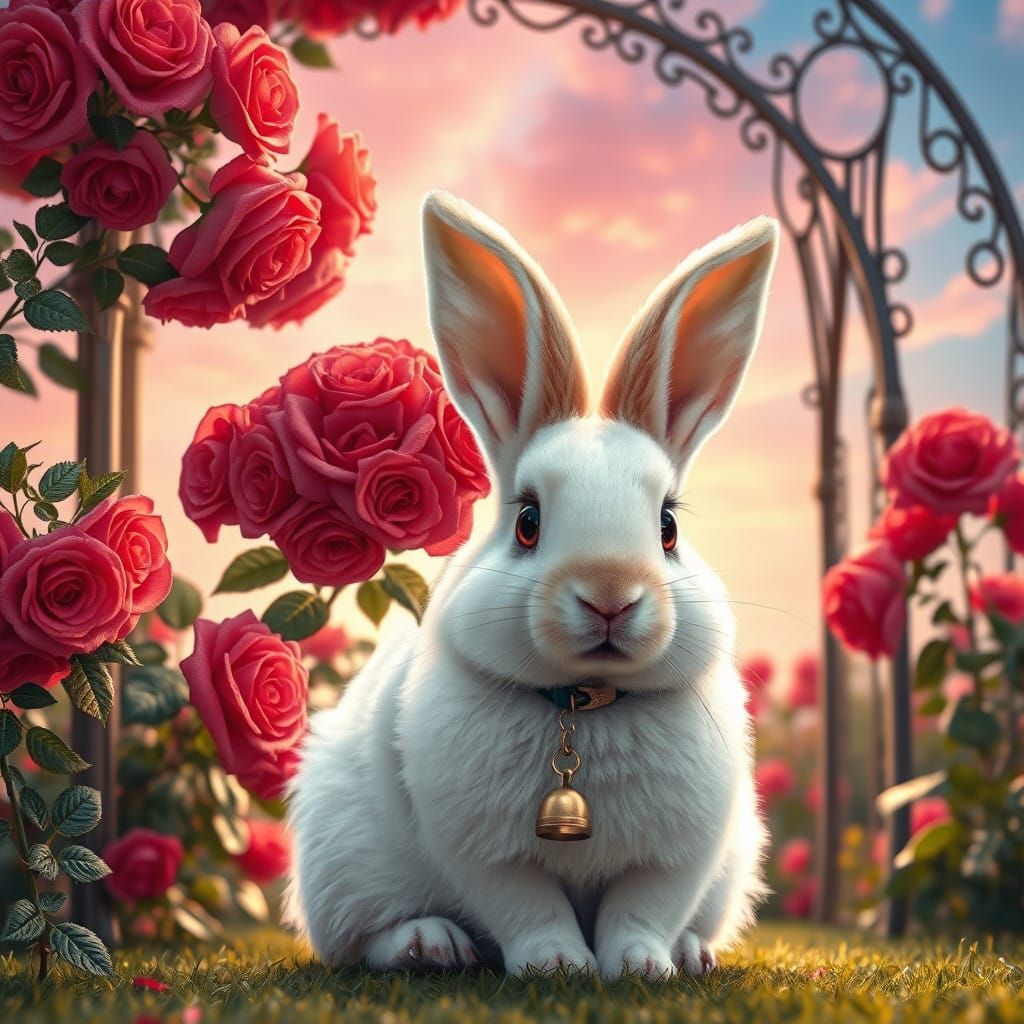 Whimsical Summer Rabbit Amidst Shimmering Roses