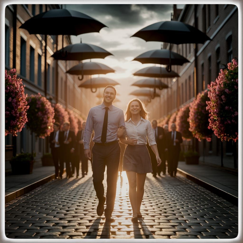 Happy Couple Walks Towards Viewer in Vintage Travel Poster S...