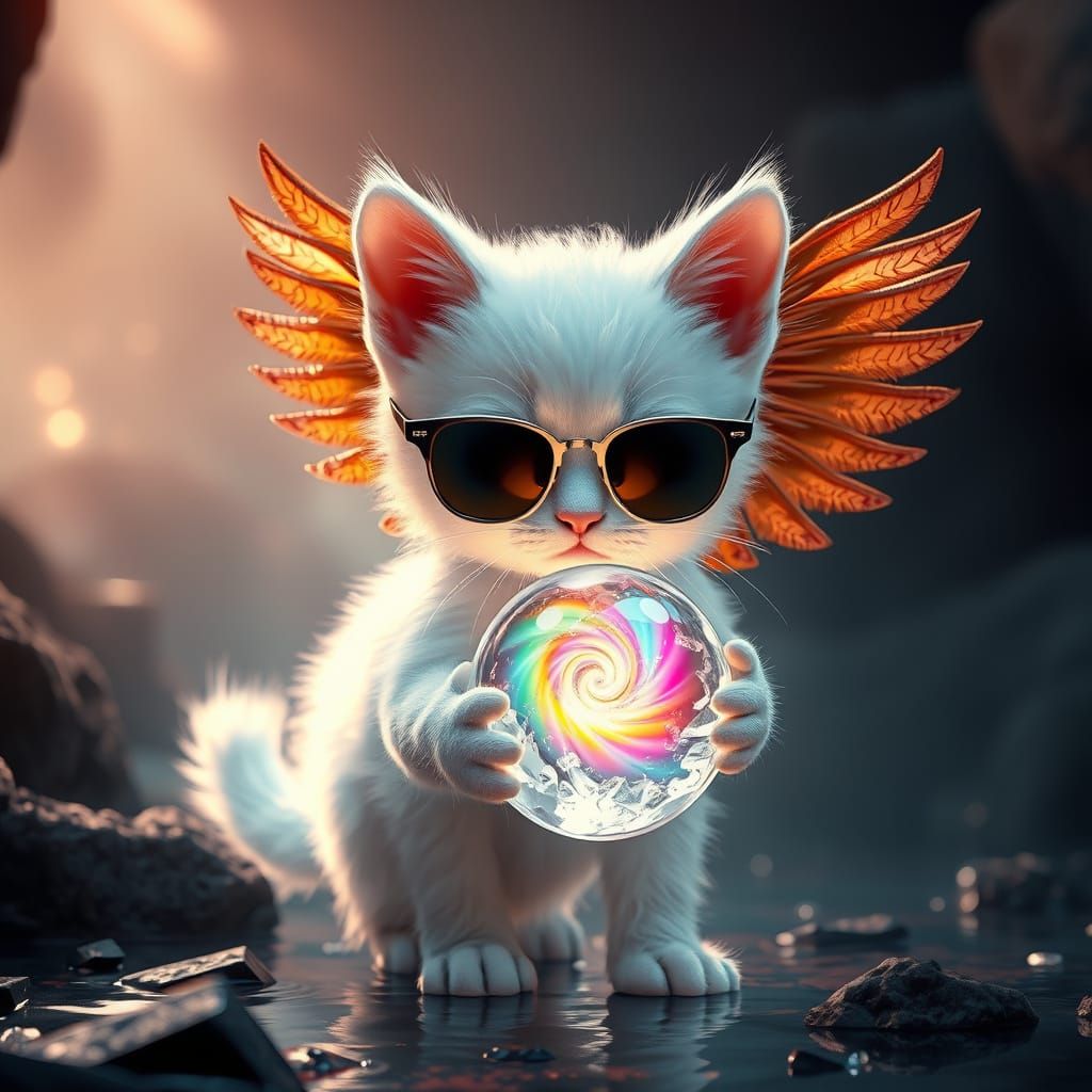 Surreal Cyberpunk Kitten Ascends with Crystal Orb in Hellish...