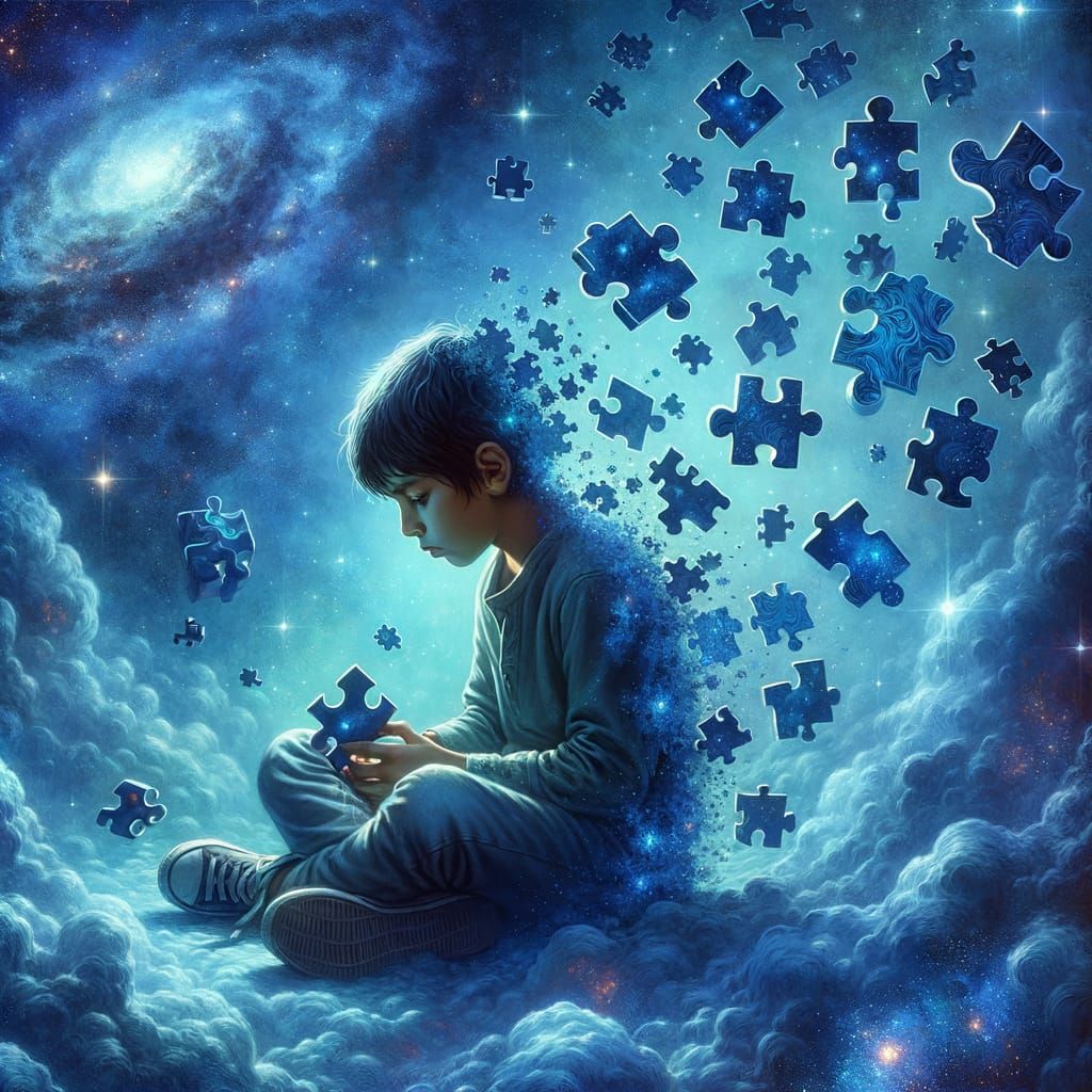 Cosmic Blue Boy in a Realm of Floating Thoughts
