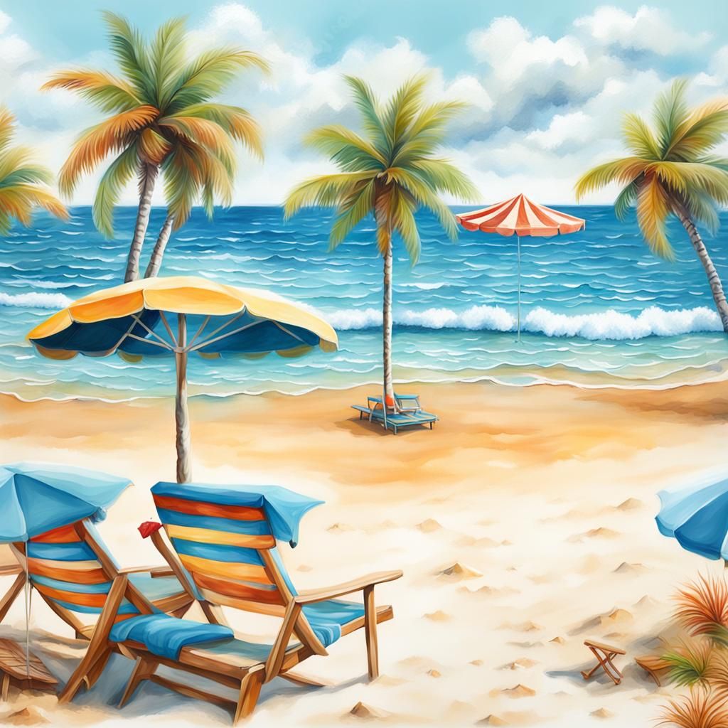Hyperrealistic Summer Beach Illustration in Oil Paint Style