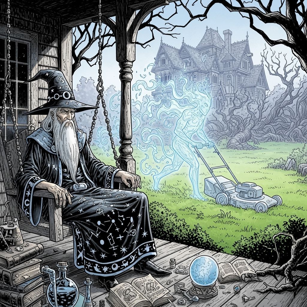 Wizard Observes Ethereal Mowing a Lawn in Ink Comic Style
