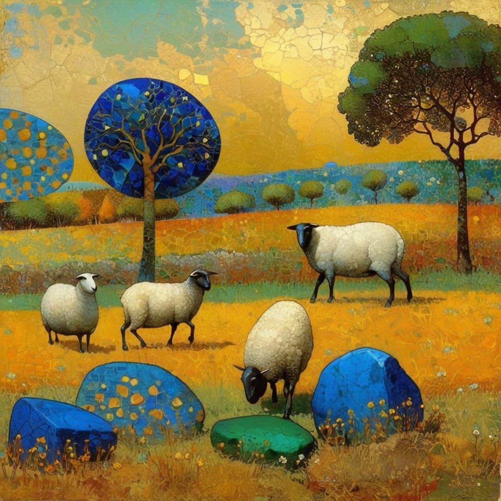 Surreal Landscape with Stones, Trees and Sheep