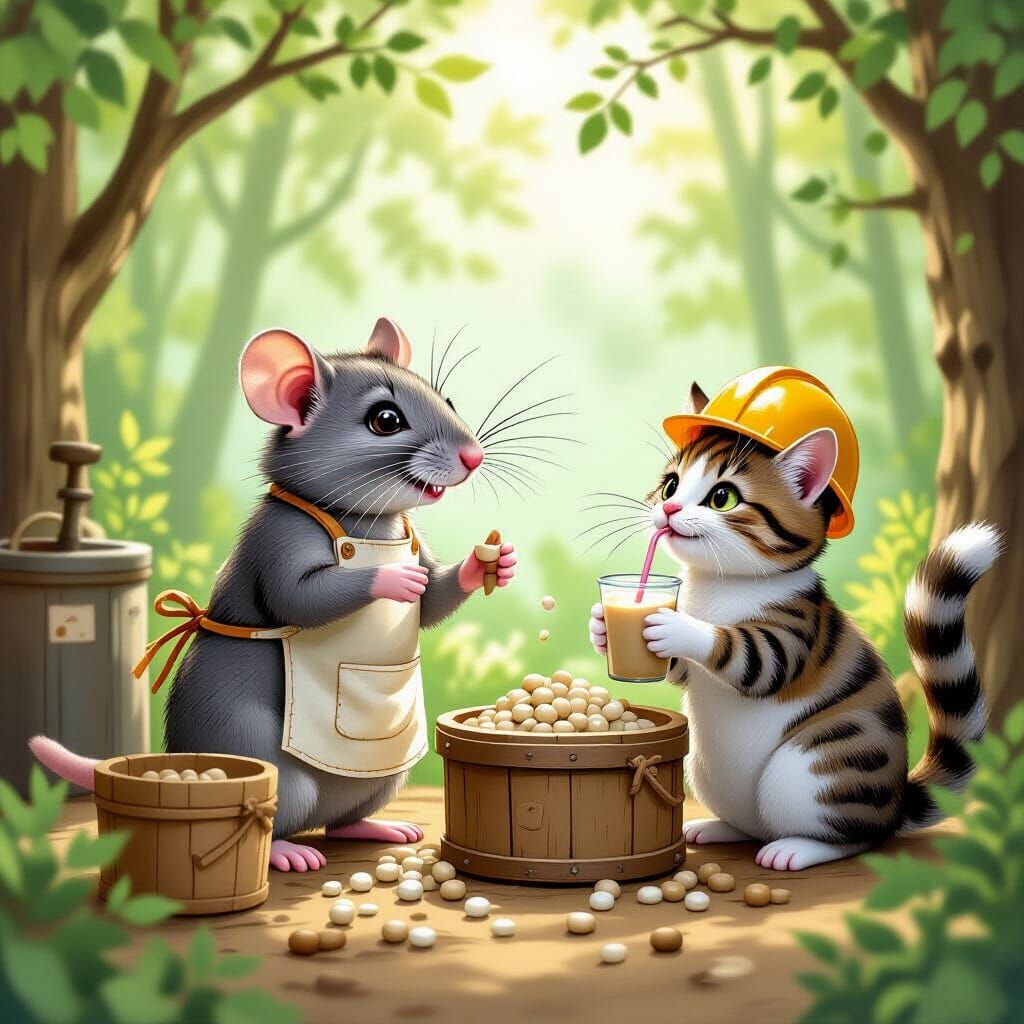 Whimsical Forest Factory Run by Rat and Cat Helpers