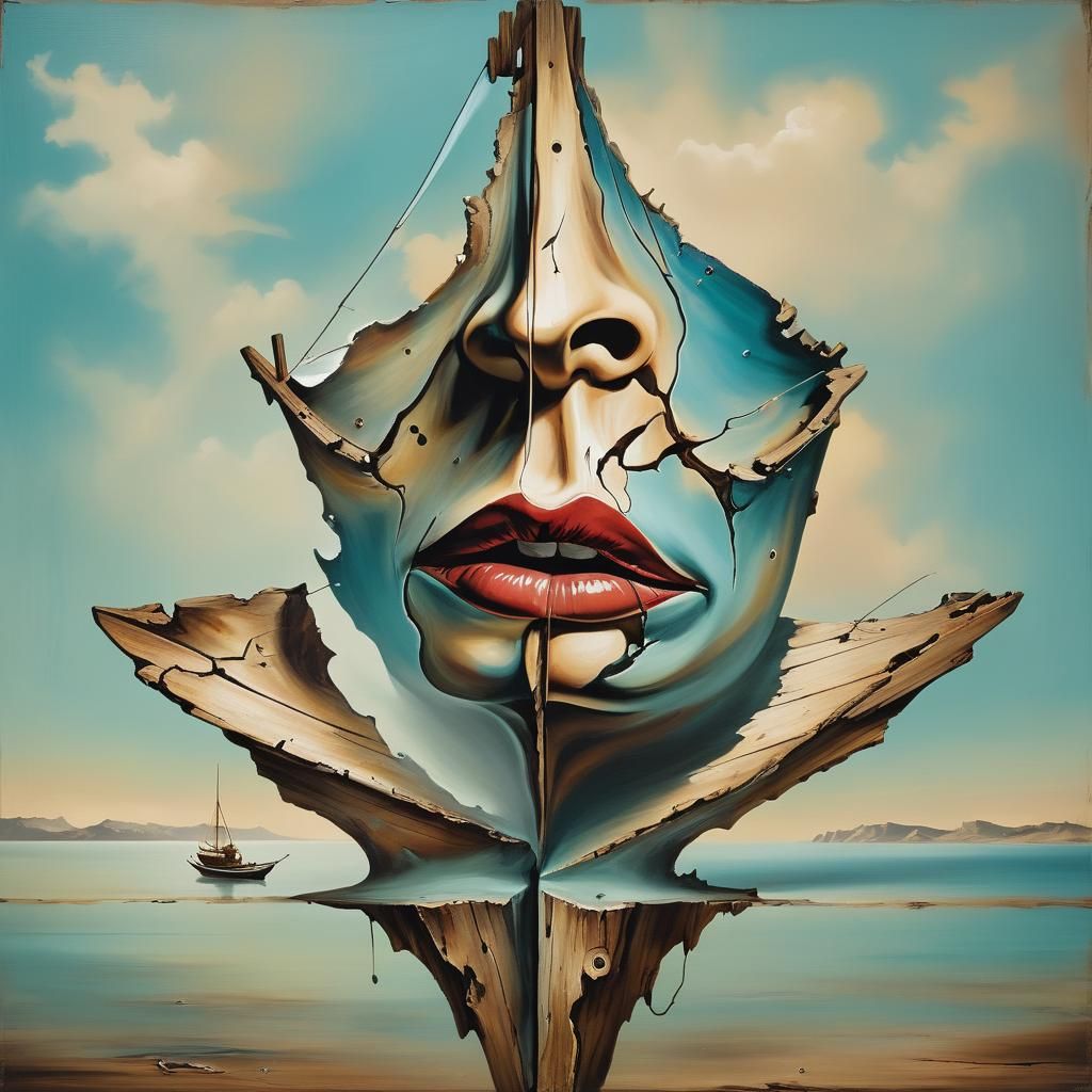 Surreal Ship Sails on Lips, Cracked Wood Art