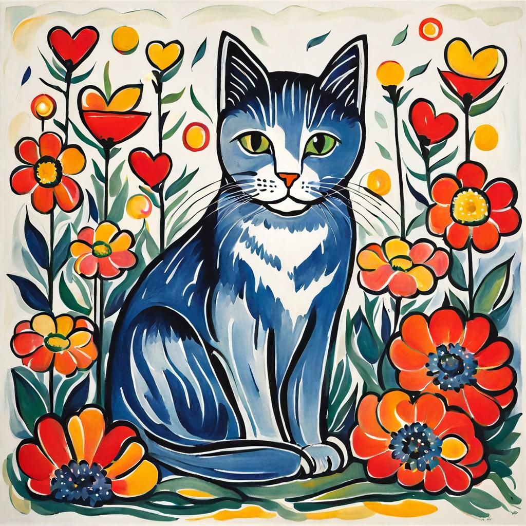 Cat with Flowers in Expressionist Style