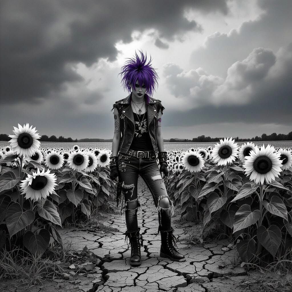 Punk Rocker in Decaying Sunflowers Under Stormy Sky