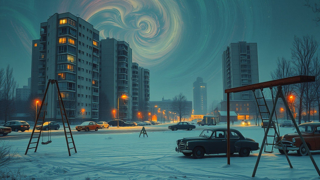 Soviet Winter Cityscape in Surreal Digital Art Style