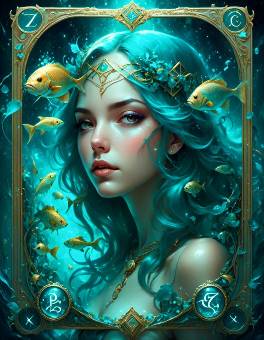 Zodiac sign, Pisces, Tarot, facing camera, framed, <lora:Glowing Runes:1.0>