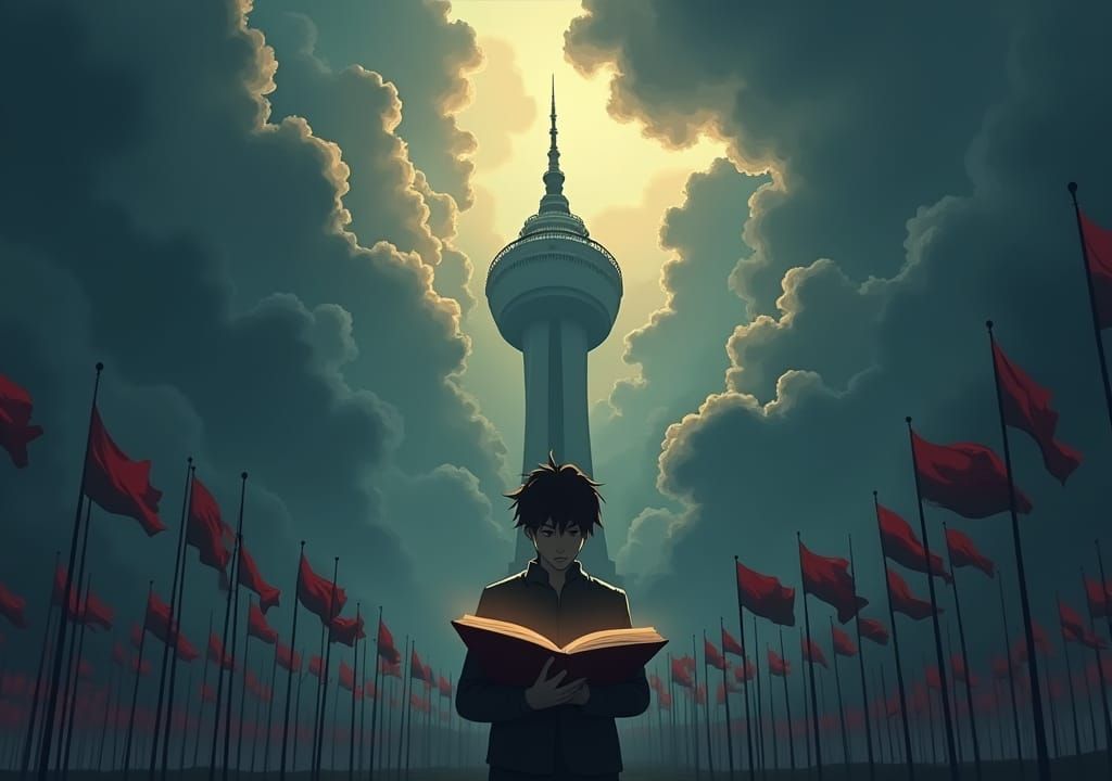 Figure Reading Before Tower in Anime Style