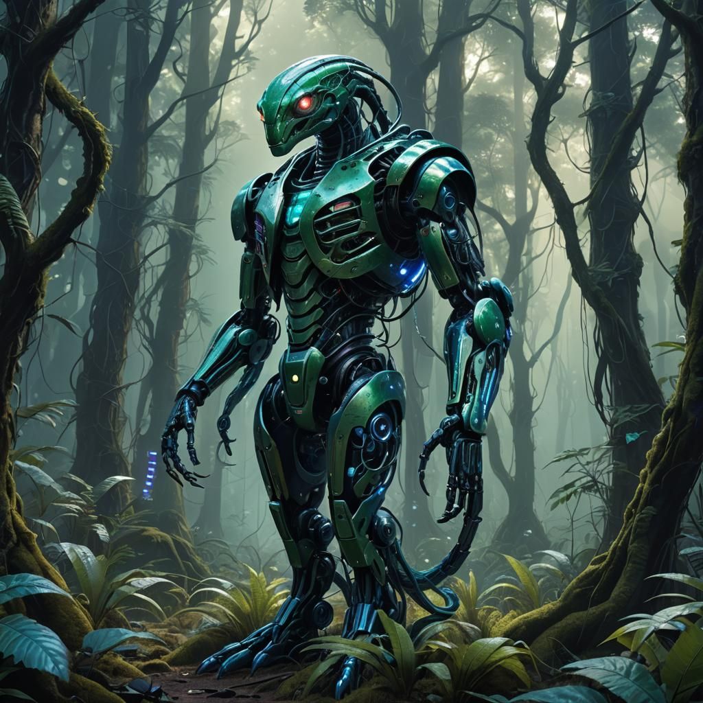 Robot Snake in Mystical Forest, Biomechanical Concept Art