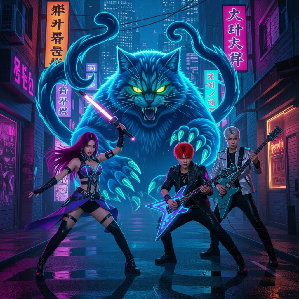 K-Pop Demon Hunters Battle Enraged Demon with Giant Blue Cat