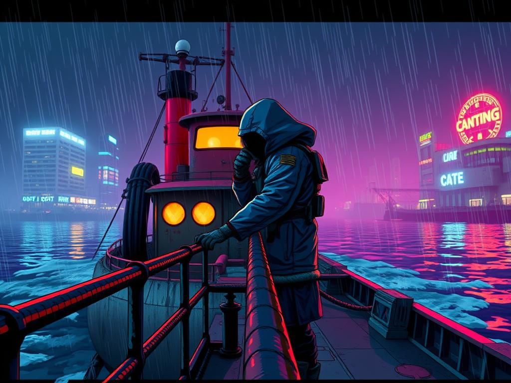 Cyberpunk Soldier Arriving at Docks in Dieselpunk Tugboat
