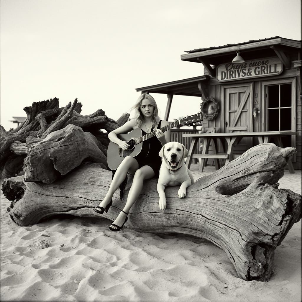 Goth Folk Singer on Driftwood in Black and White