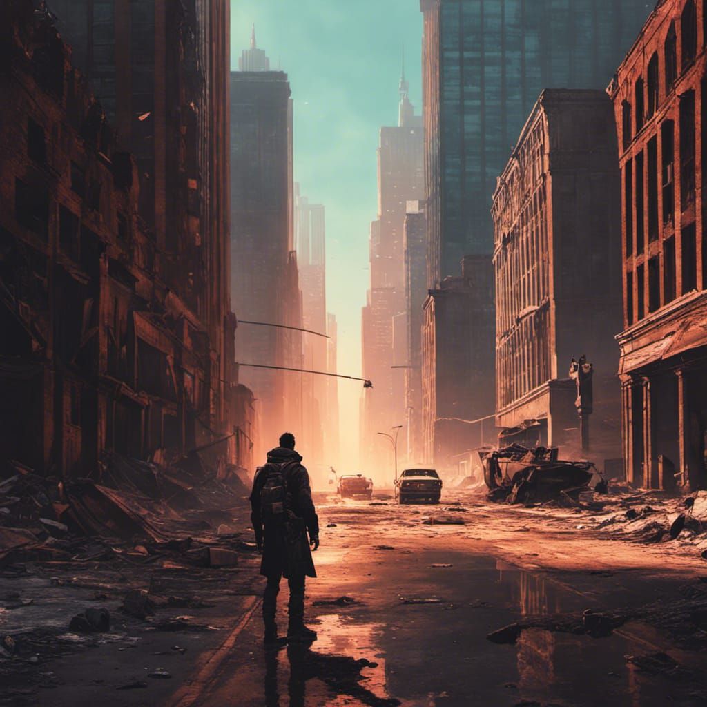 Post-Apocalyptic Wanderer in Ruined Chicago