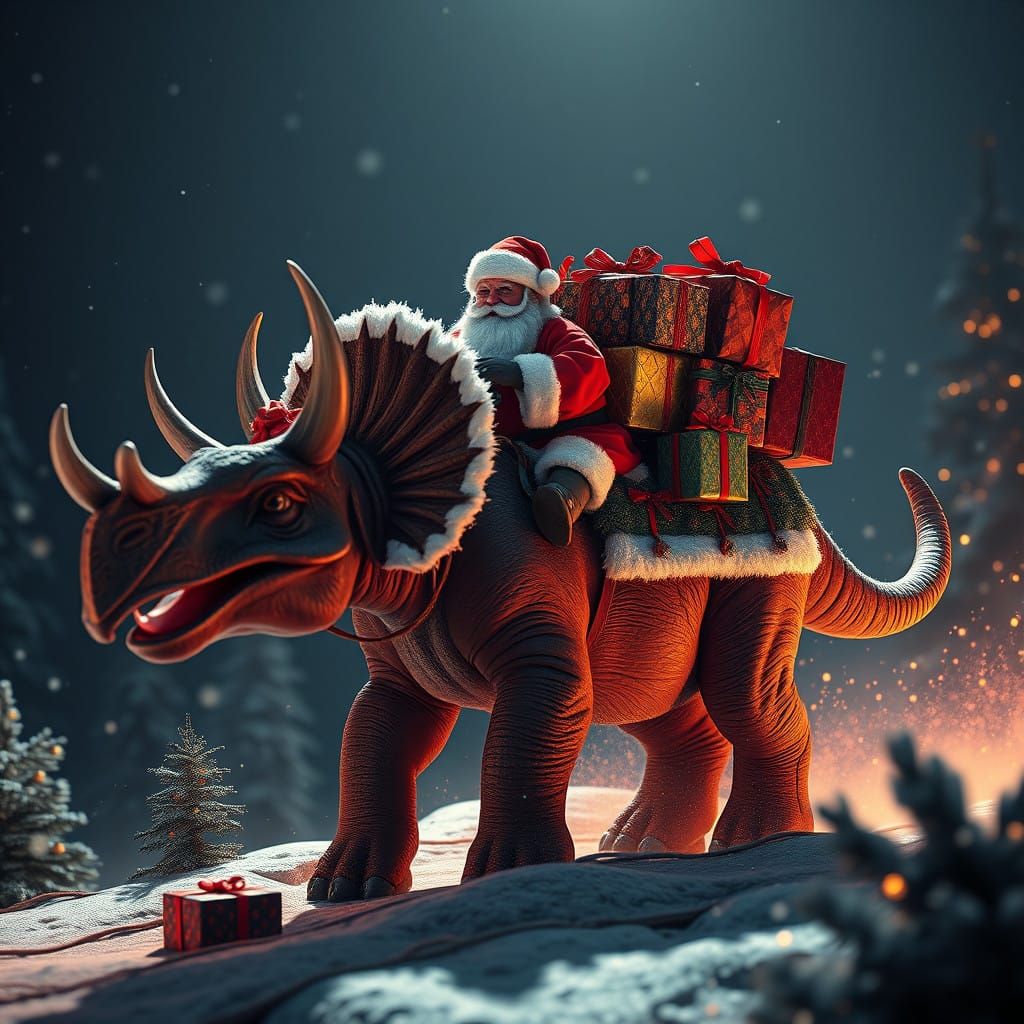 Whimsical Prehistoric Santa on a Triceratops Ride