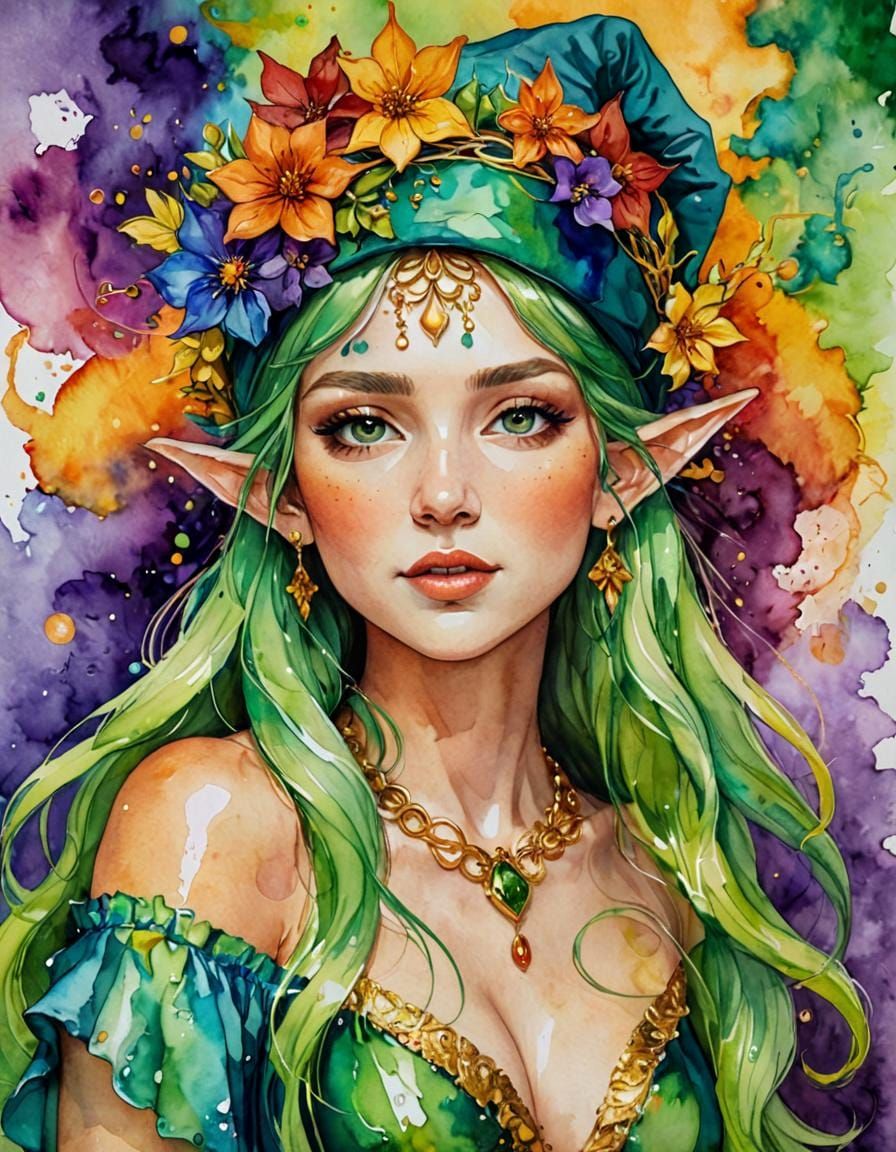 Expressionistic Elf with Flowing Hair in Alcohol Ink