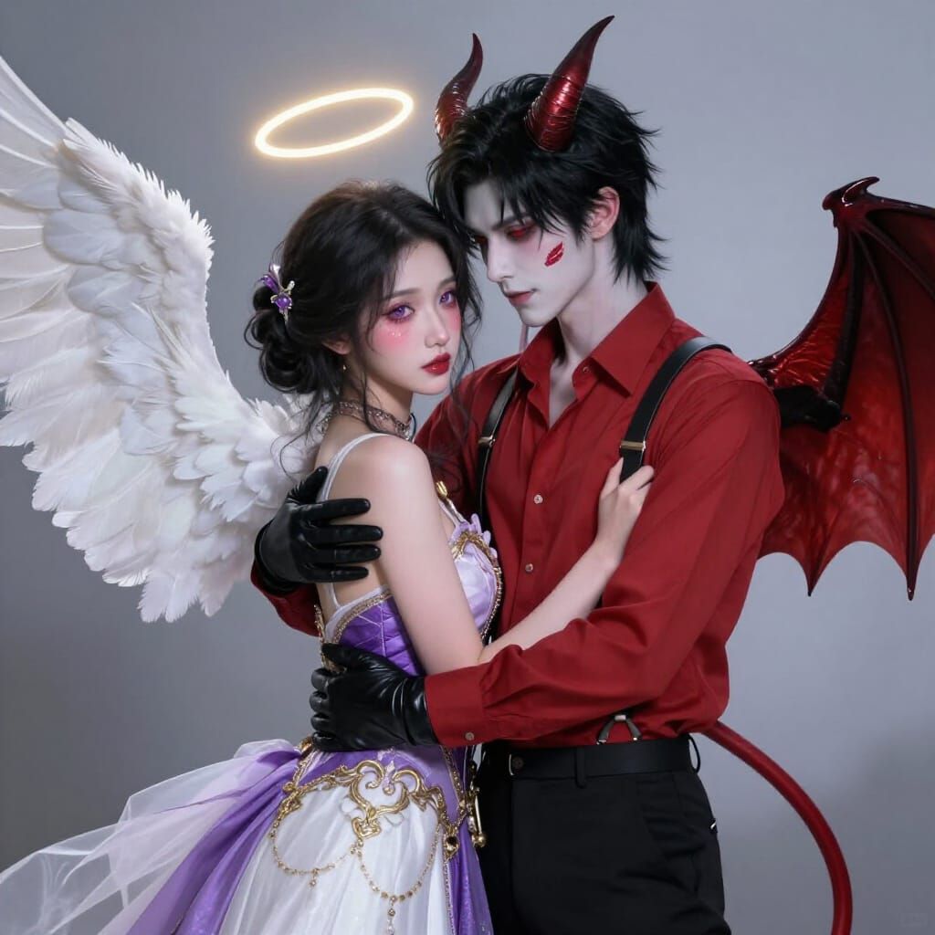 Ethereal Angel Embraces Devil in Fantasy Mist