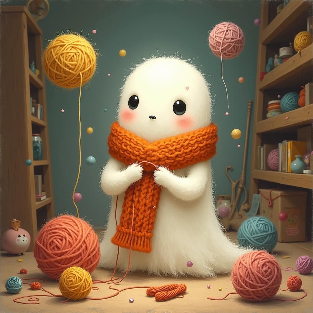 Cozy Ghost Knitting in Whimsical Pastel Attic