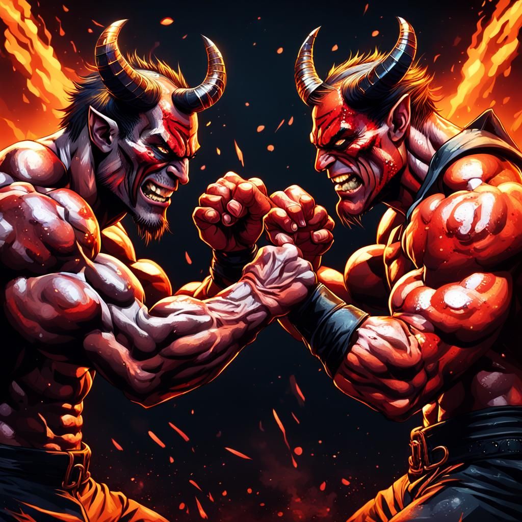 Muscular Devils Engage in Epic Arm Wrestling Battle