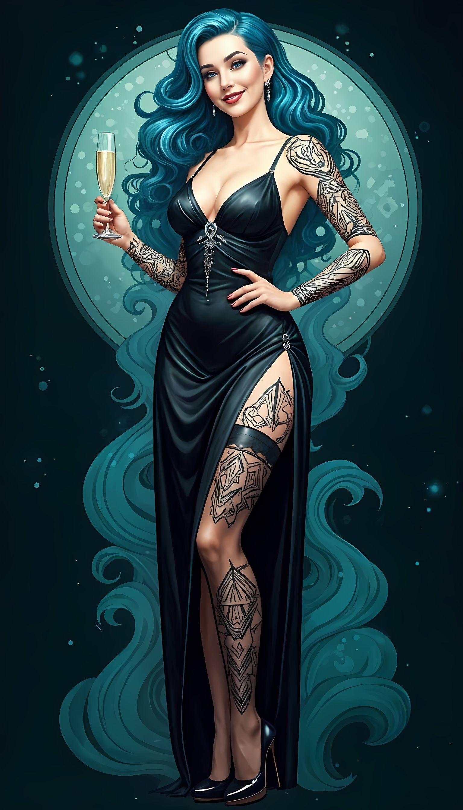 Blue-Haired Woman in Black Dress, Watercolor Pin-Up