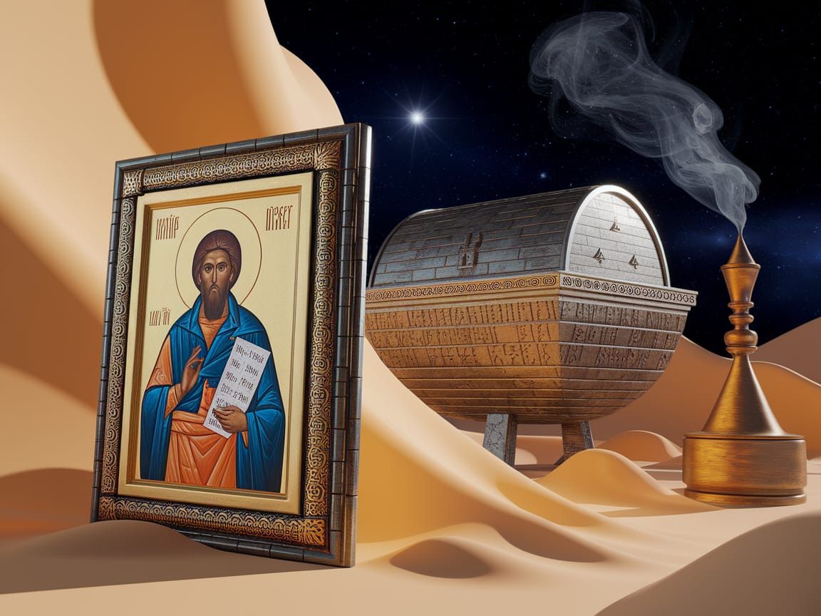 Ethereal Orthodox Icon Amidst Futuristic Cosmos