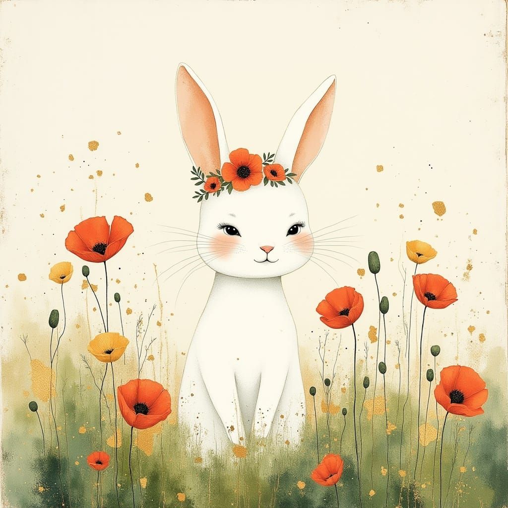 Bunny in Poppy Field, Vintage Storybook Style