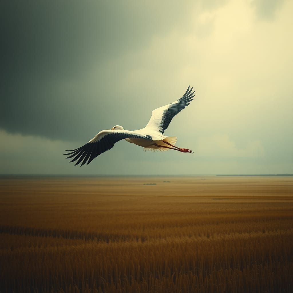 White Stork Soaring Over Polesie: Surreal Landscape