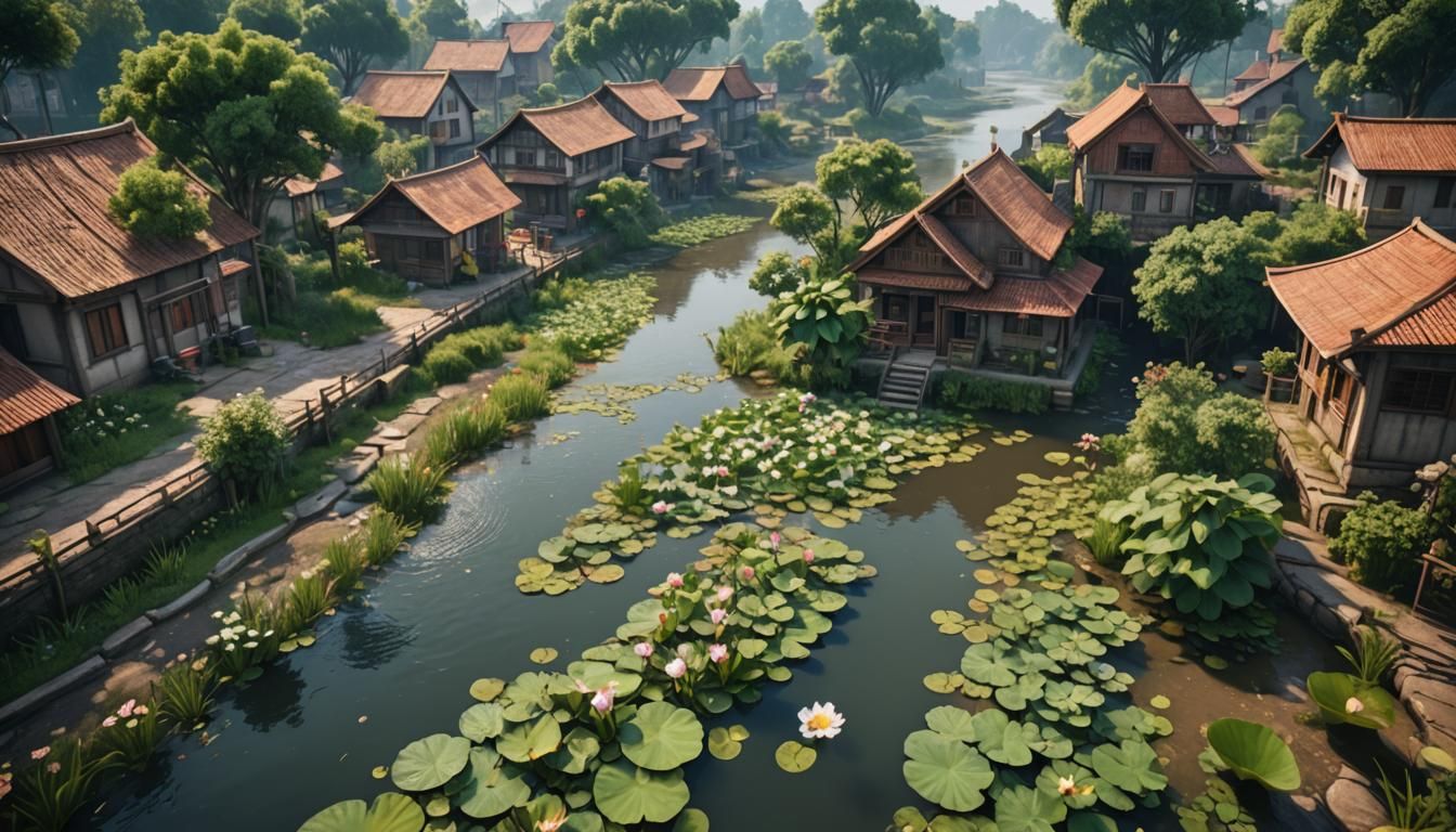 River Scene with Lotus Plants in 3D Game Style