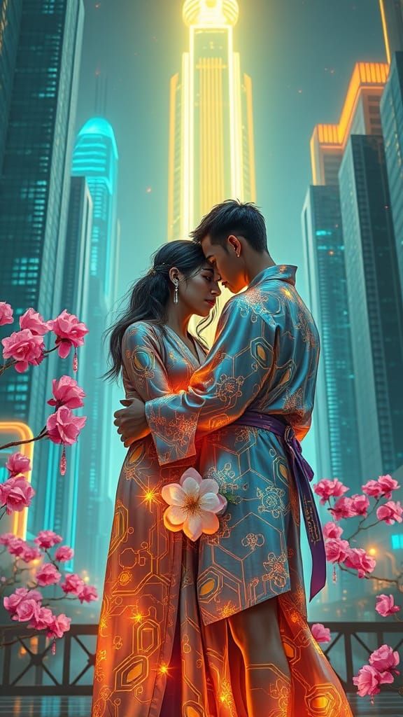 Cyberpunk Couple Embracing Under Neon Lights