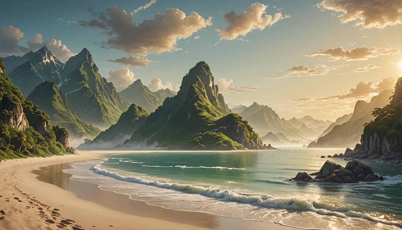 Majestic Mountains Meet Serene Sea at Dawn
