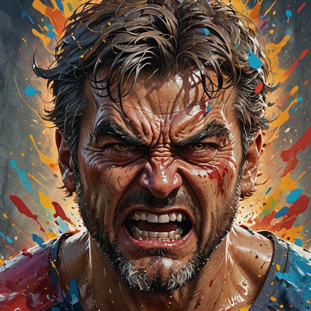 Hyperrealistic Angry Man Portrait with Dramatic Lighting
