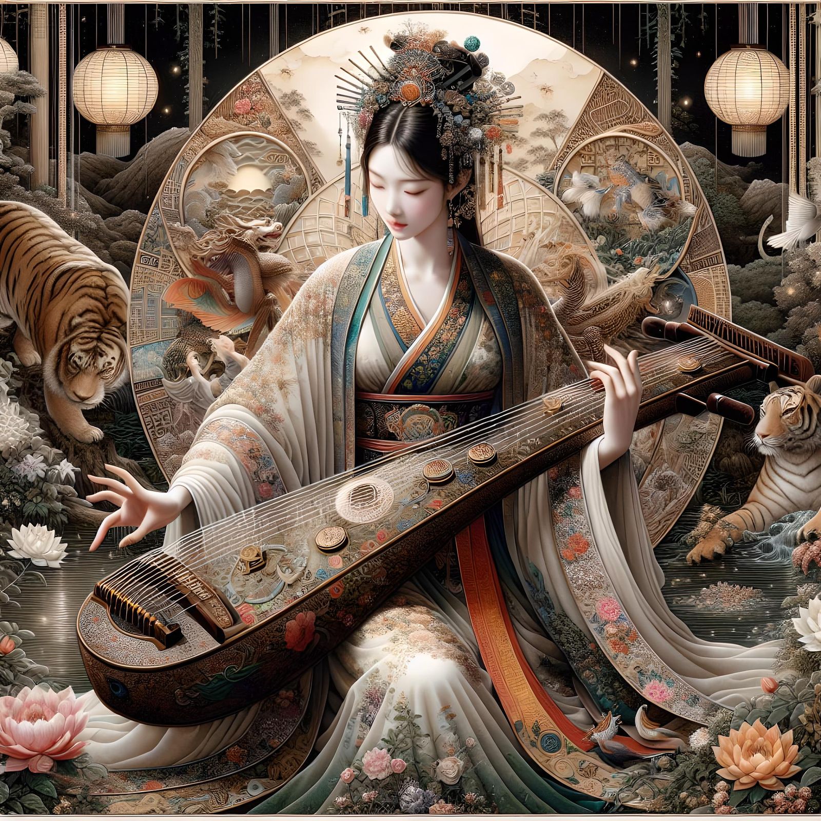 Beautiful goddess plays the Guzheng,