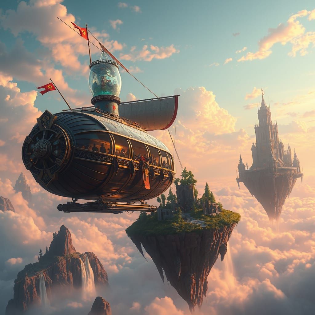 Spectral Airship Sails Through Vibrant, Hyperrealistic Sky