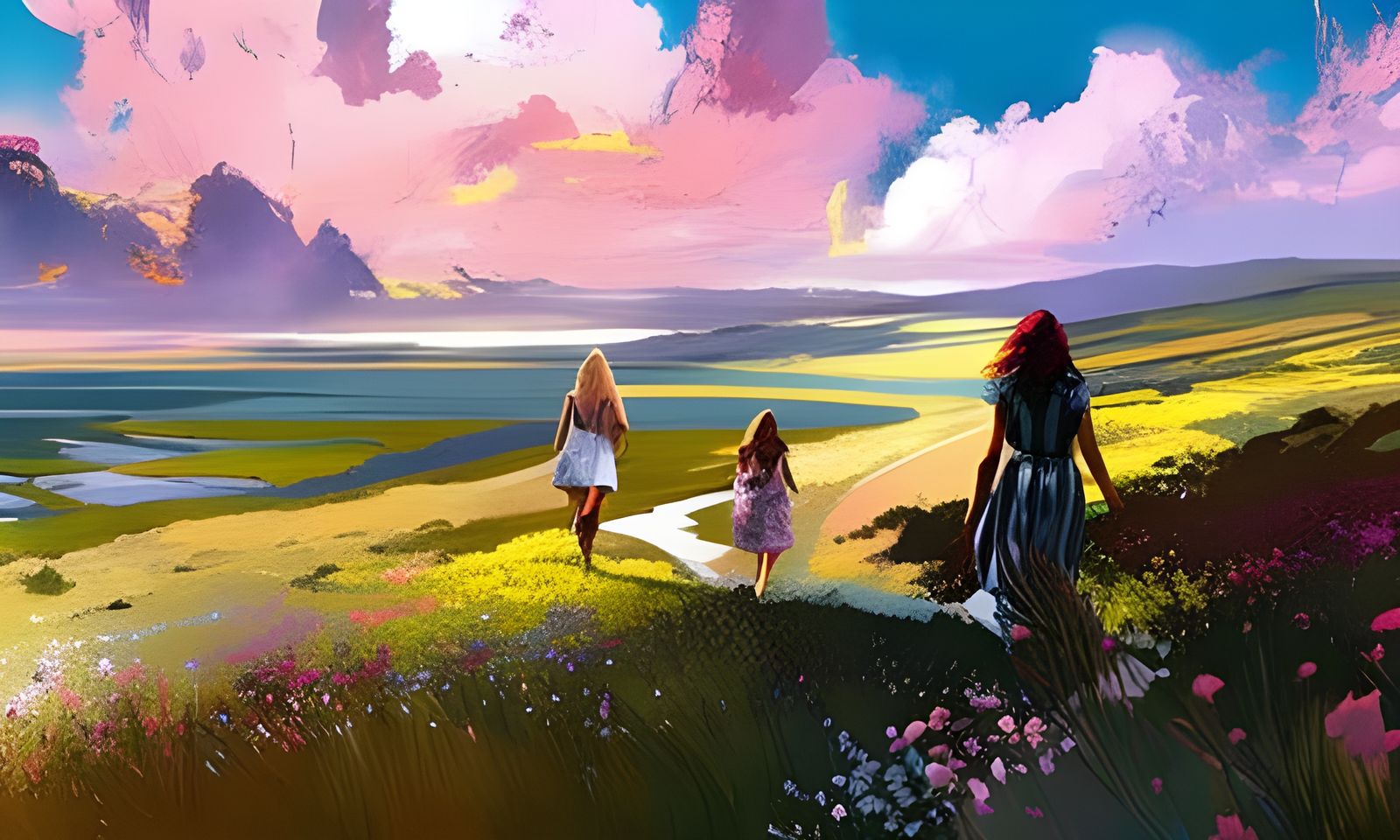 Girls in Flower Meadow: Neo-Impressionist Oil Painting