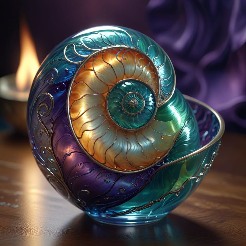 Glass Nautilus Shell with Flames in Surreal Photorealism