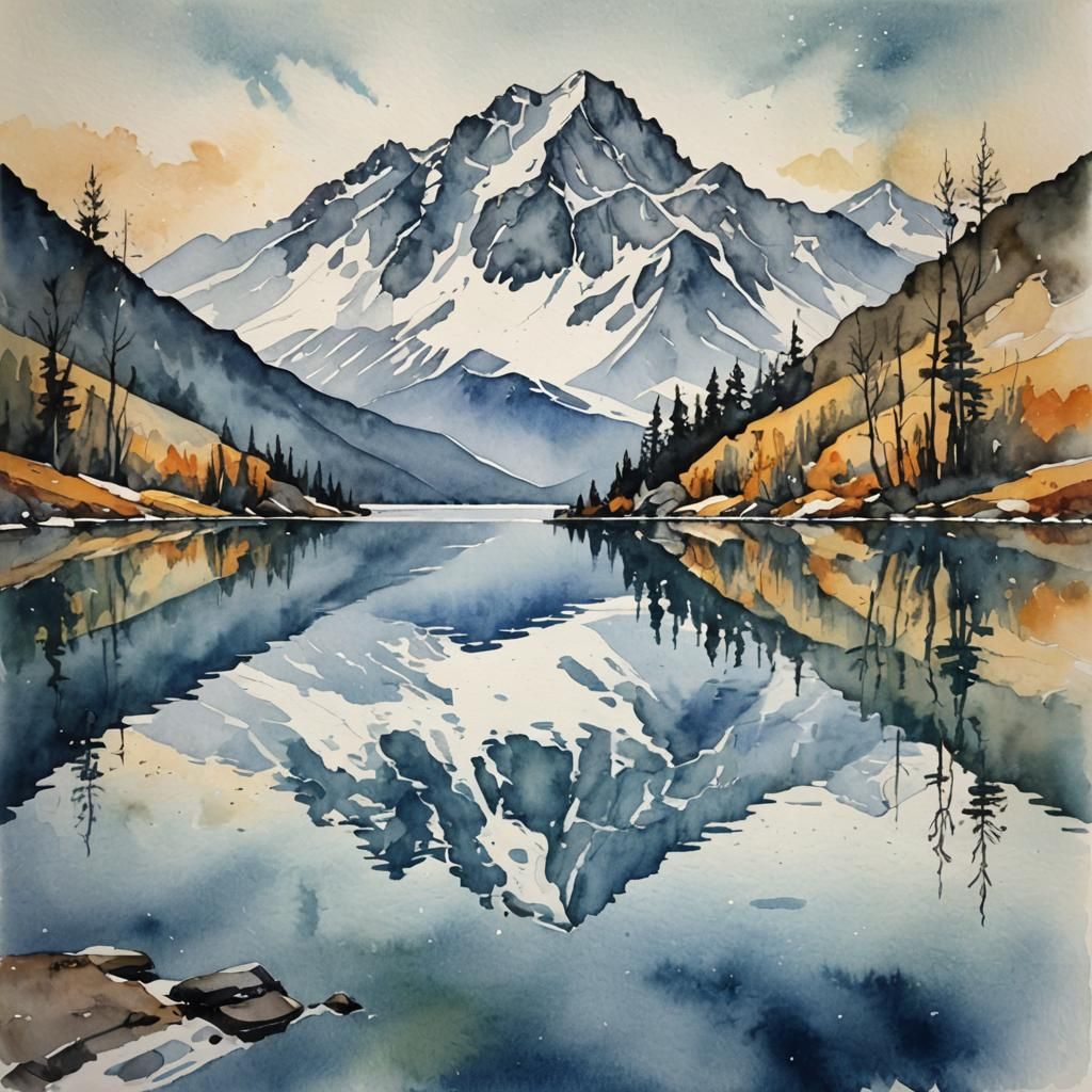 Watercolor Mountain Reflection: Abstract Fine Art