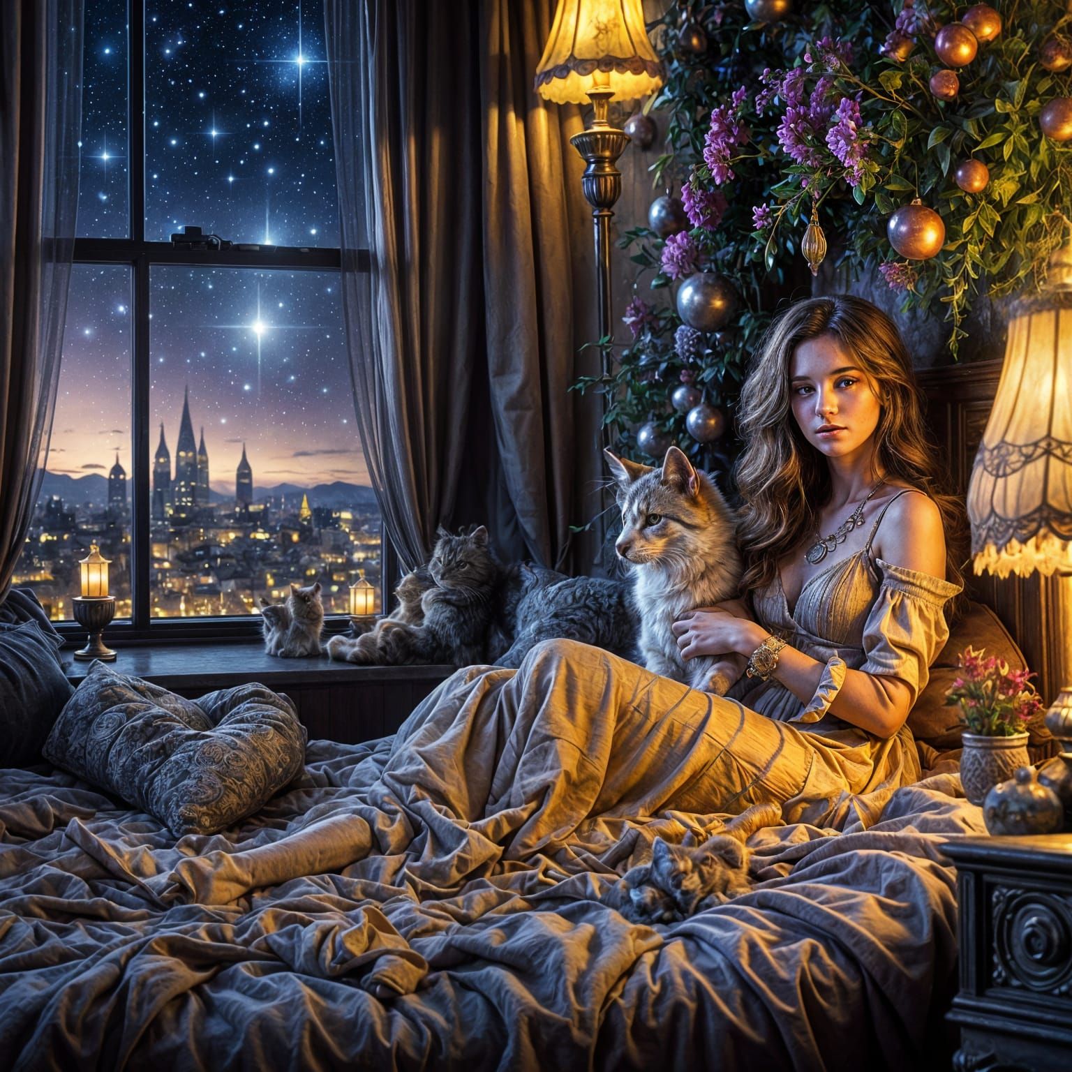 Woman with Pets Under Starry Sky