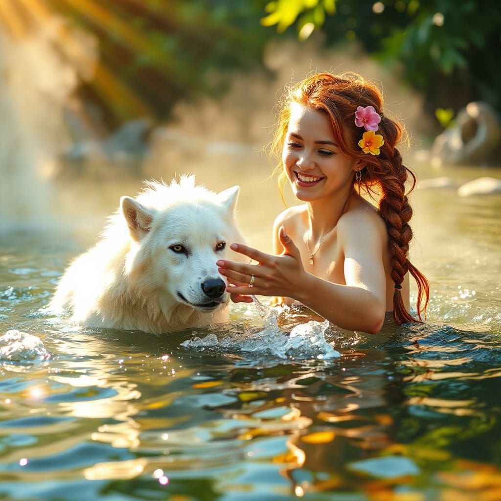 Beast Mistress Heals Injured Wolf in Sunlit Hot Spring