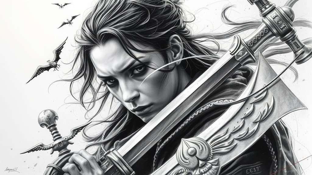 Female Warrior in Detailed Charcoal Drawing