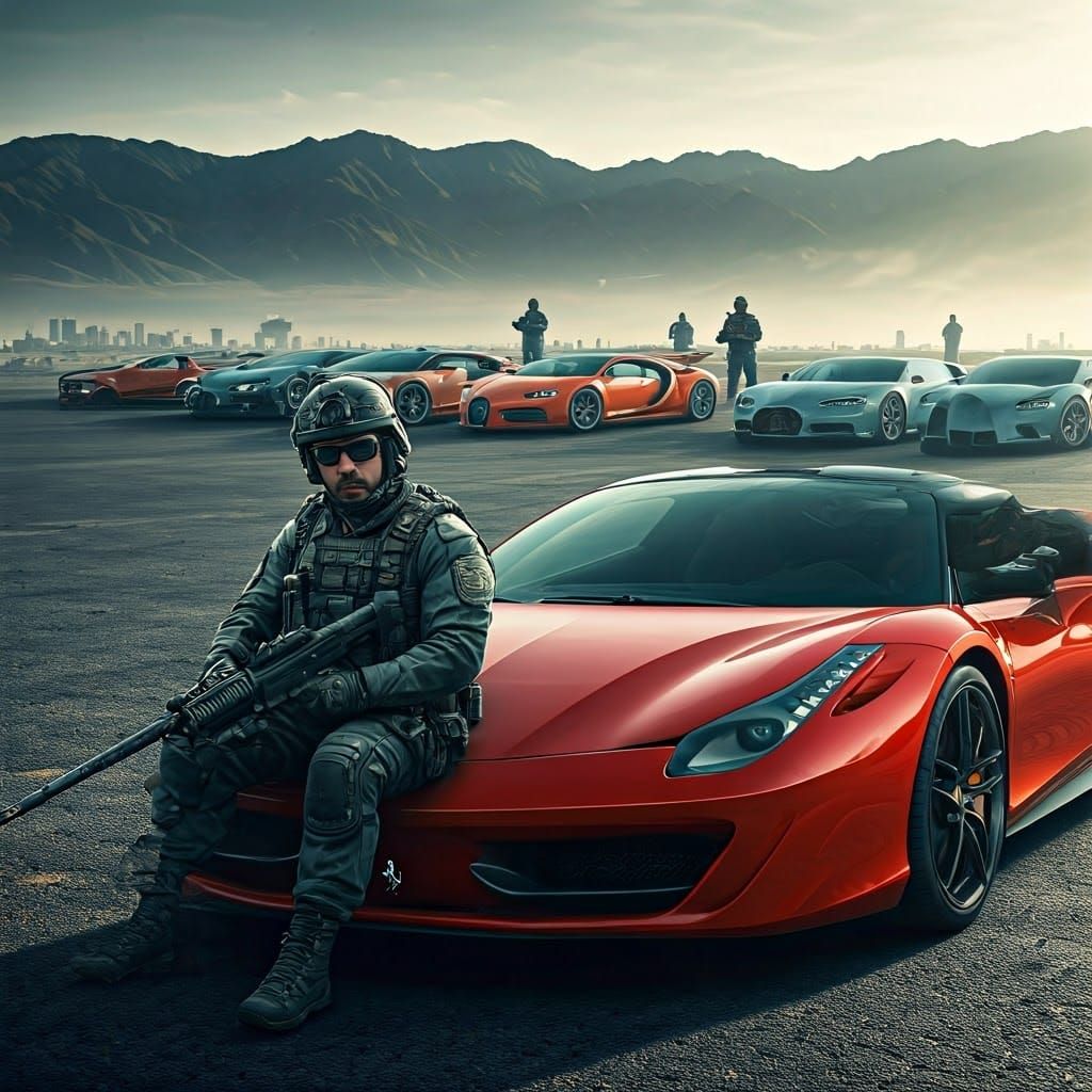 Heavily Armed Individual in Ferrari, Action Movie Scene