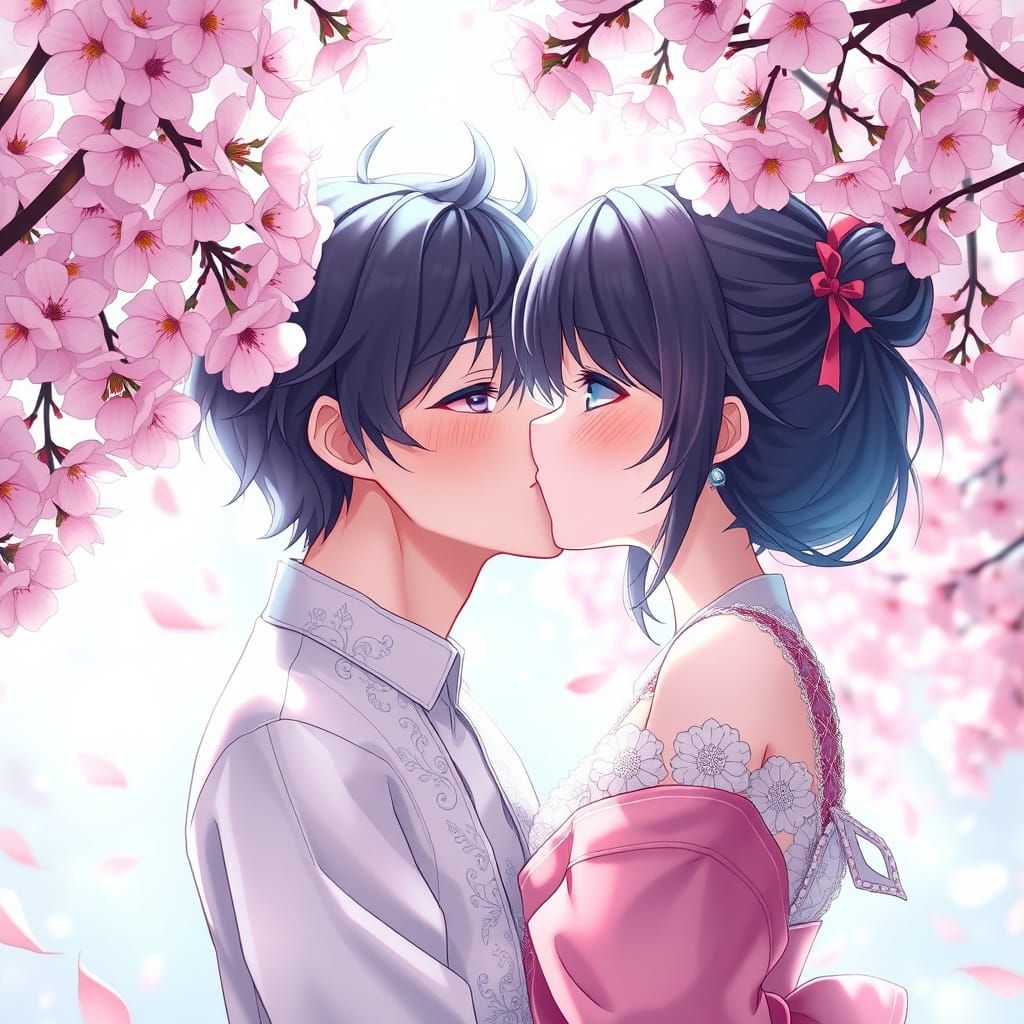 Romantic Anime Lovers Under Cherry Blossoms