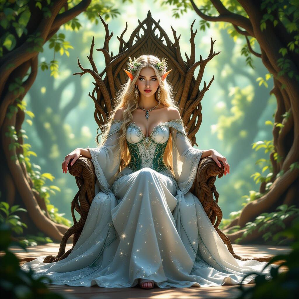 Elven Queen on Branch Throne, Fantasy Art Portrait